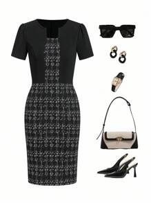 Ellevyn 女士优雅通勤格子拼接迷你连衣裙