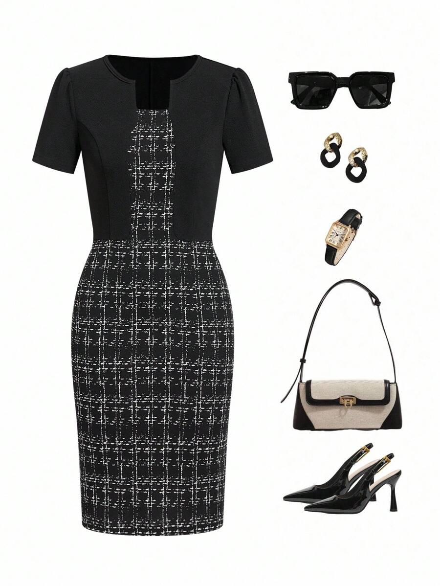 Ellevyn 女士优雅通勤格子拼接迷你连衣裙