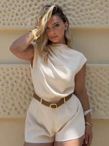 Jeta Ari 配腰带高领纯色口袋连体裤 - 杏色 - 查看 4