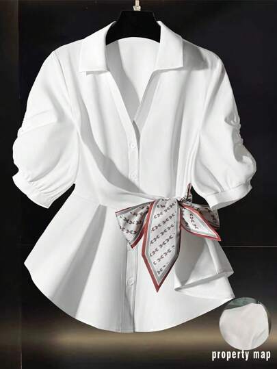 Franclia 女士纯色褶皱 Polo 领短袖收腰雪纺百搭白色衬衫，适合夏季