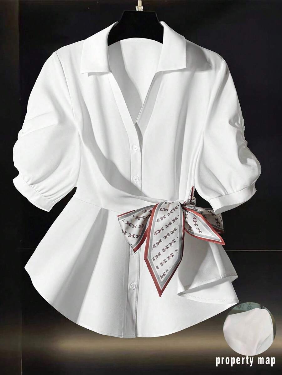 Franclia 女士纯色褶皱 Polo 领短袖收腰雪纺百搭白色衬衫，适合夏季 - 白色 - 查看 1