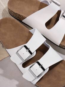 SHUZIA 女士鞋双扣软木鞋床拖鞋凉鞋女士白色 PU 时尚平底凉鞋