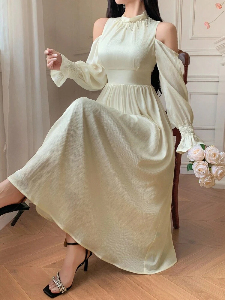Women's Solid Color Off-Shoulder Long Sleeve Ruched Waist Elegant Mid-Length Dress Maxi Dress