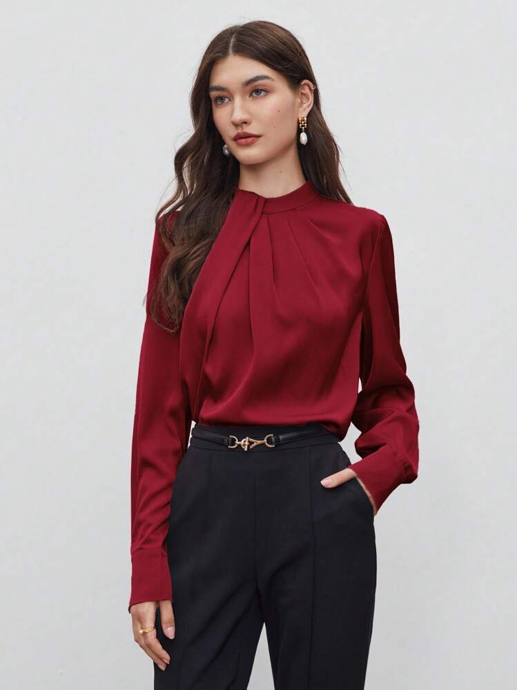 BizChic 女式秋季不对称褶饰宽松长袖上衣，基本款简约优雅商务休闲办公室装，适合教师、婚礼、音乐会 - 紅色 - 查看 3