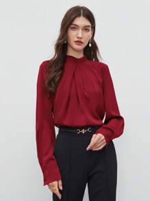 BizChic 女式秋季不对称褶饰宽松长袖上衣，基本款简约优雅商务休闲办公室装，适合教师、婚礼、音乐会 - 紅色 - 查看 6