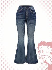 Betty Boop | ROMWE Y2K 机车风水钻翅膀卡通图案做旧喇叭低腰牛仔裤