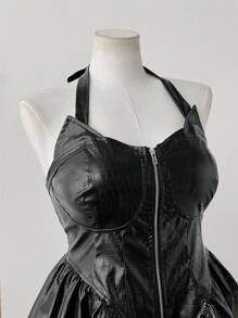 Sunspun Halloween Plus Size Dark Punk Cinched Waist Halter Crocodile Skin Print Dress - Black - View 3