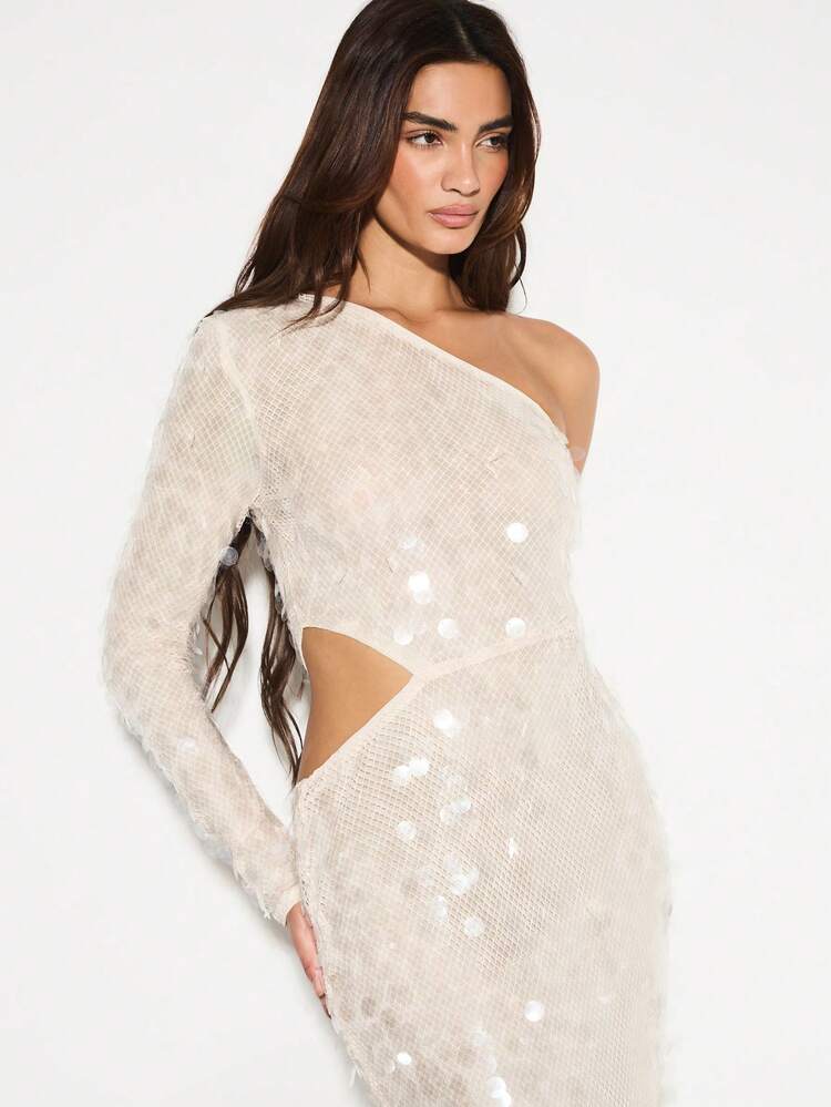 KIZN Clear Disk Sequin One Shoulder Maxi Dress
