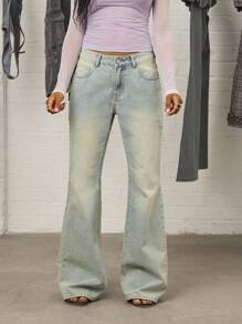 COUREZ 低腰长款喇叭浅色水洗牛仔裤 / Y2K 秋季女装街头复古阔腿裤宽松牛仔裤 - 藍色 - 查看 2