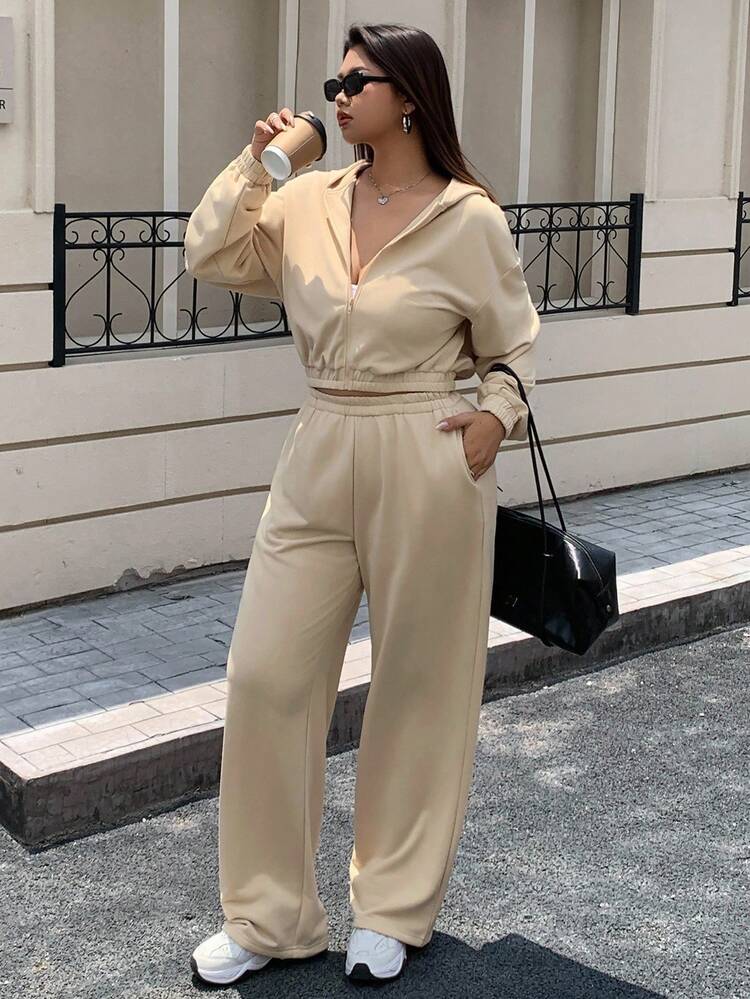 Dazy Plus 2pcs Plus Size Women Cropped Hoodie Sweatshirt & Drawstring Waist Pants Sports Suit Set Tracksuits Women Set Lounge Sets For Women