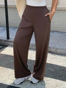 Dazy Plus Plus Size Women Elastic Fitted Straight Leg Casual Knit Pants - Coffee Brown - View 3