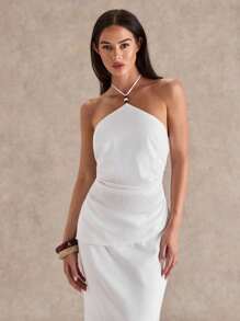 Glamine Women's Bohemian Style White Linen Halter Neck Vacation Top - White - View 5