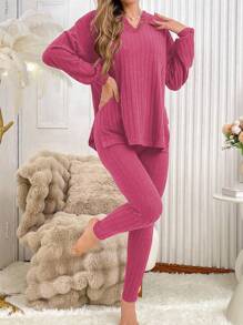Conjunto de ropa de estar en casa para mujer con textura y medio botón de unicolor, ropa de otoño e invierno, atuendos acogedores - Rosa Fucsia - Ver 6