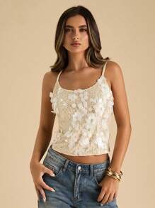 SHEIN BAE Summer Beach Sequin White Top,Party, Sequin Tank Top,Halter Top - White - View 4
