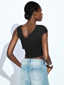 Maija 2025 Modern City Asymmetrical Neck Stretch Ribbed Soft Women Black Summer Seksi Chic Night Out Crop Top,V Cut Wrap Short Sleeve Comfortable Top - Black - View 4