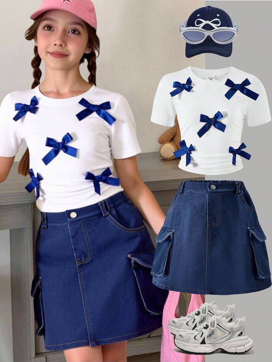2pcs/Set Girls' Sweet & Cute Bow Decor T-Shirt & Pink Denim Skirt Casual Outfit - Dark Wash - View 1