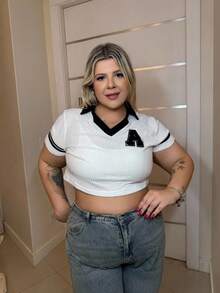 magalhaesca Plus Letter Patched Striped Trim Crop Tee, Summer - White - View 1