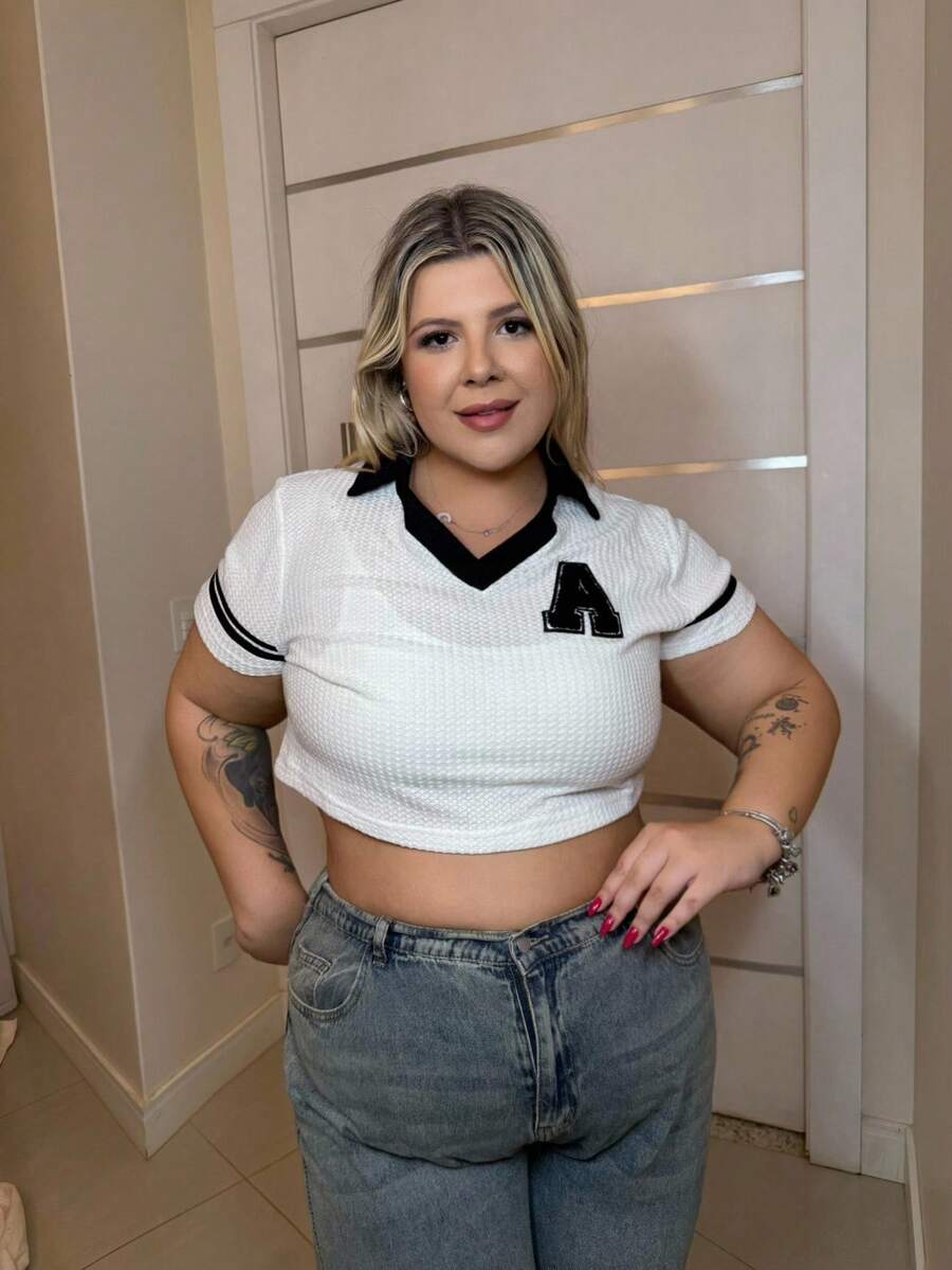 magalhaesca Plus Letter Patched Striped Trim Crop Tee, Summer - White - View 1