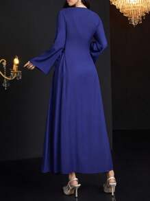 Al Najma 女式拼接 V 领长袖系带简约休闲长款朴素连衣裙 - 寶藍色 - 查看 2