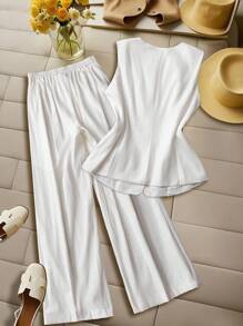 Franclia 2pcs/Set Casual Cotton Linen Vest And Pants Suit All White A E - White - View 2
