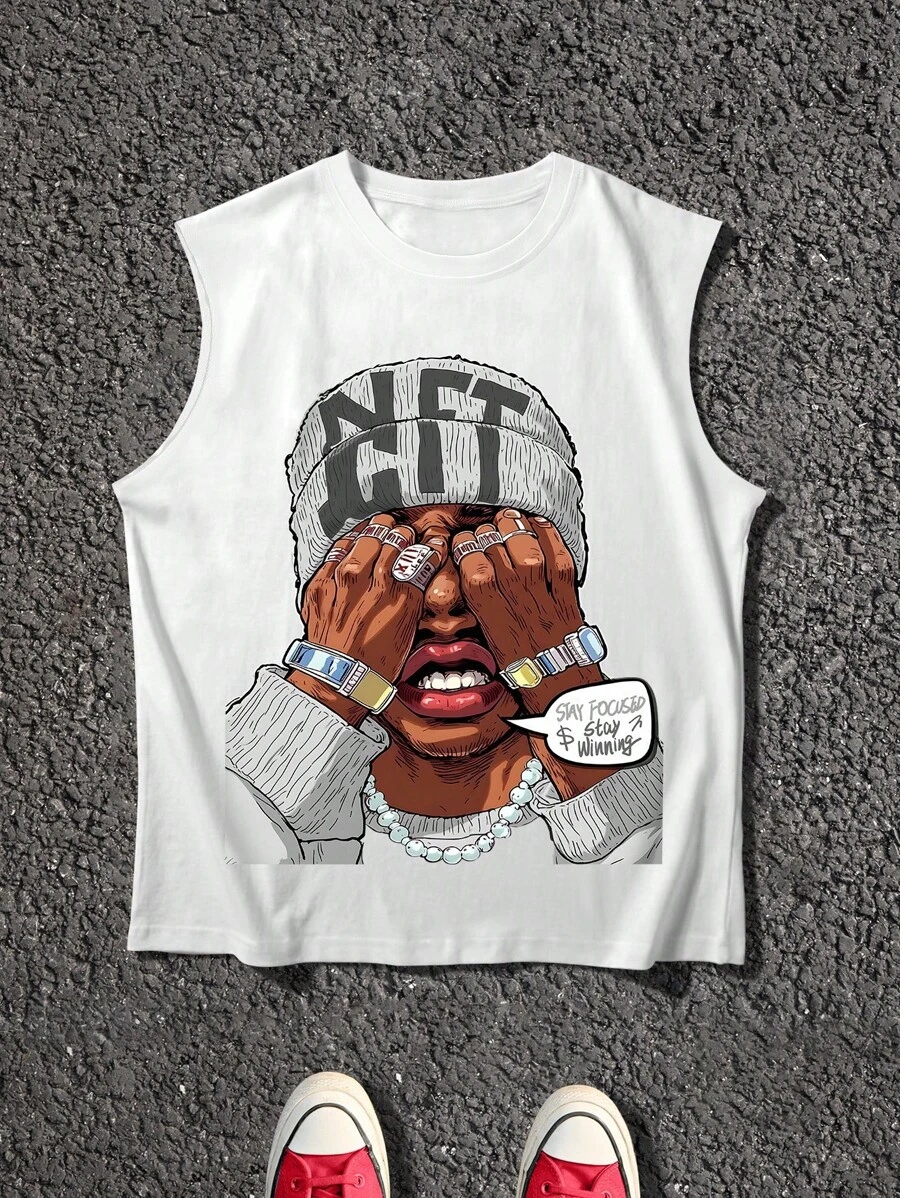 Manfinity EMRG Camiseta sin mangas casual de hombre con estampado de personaje y lema, de estilo callejero de moda, para verano - Blanco - Ver 1