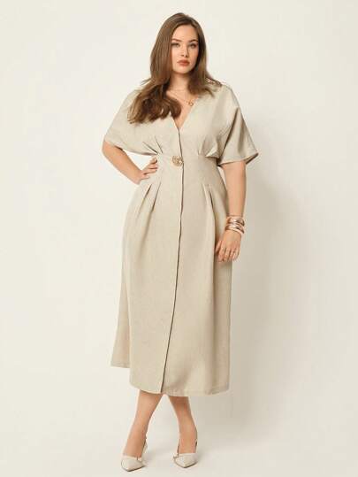 Auralis فستان نسائي كبير الحجم، فستان أكمام خفاش بلون المشمش، فستان موضة جديد، ملابس نسائية كبيرة الحجم للصيف، ملابس مكتبية للنساء، فساتين كاجوال للمرأة كبيرة الحجم، فستان رسمي كبير الحجم للنساء، فساتين خريفية للنساء، فساتين محتشمة للنساء للخروج