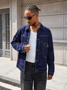 Manfinity EMRG Retro American Loose Fit Casual Jacket, Digital Print Lapel Denim Outerwear - Blue - View 5