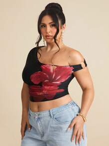 SHEIN BAE 全新夏季海滩度假加大码女式纹理刺绣不对称领口褶皱弹力针织上衣，可爱夏季上衣，波西米亚风，Vcay，假日，黑色上衣，外出西部装 - 黑色 - 查看 4