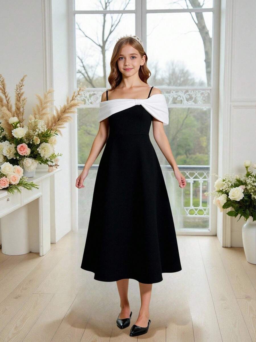 Tween Girl Contrast Color Ruffle Trim Cami Dress - Black - View 1