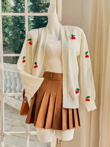 SHEIN MOD 休闲时尚百搭 3D 樱桃装饰长袖女士开衫 返校服装 白色开衫 休闲日常穿着、上衣、女士早午餐、文艺复兴博览会、女士音乐会、度假风格音乐节 秋冬女士服装 - 杏色 - 查看 3