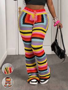 Slaydiva Plus Size Women Waist Tie Striped Hollow Out Knitted Pants In Fall/Winter