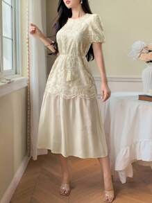 DAZY Vestido de mujer de longitud media con cuello redondo y parches de encaje elegante para el verano - Beis - Ver 9