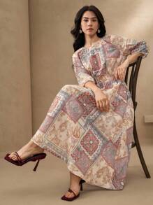 DAZY فستان طباعة زهرية متوسط الطول بياقة مستديرة، صيفي - برتقالي مرجاني اللون - مشاهدة 6