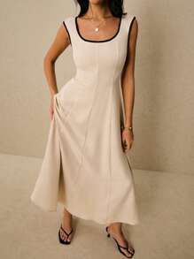Poéselle 亚麻连衣裙，撞色下摆中长连衣裙，大方领连衣裙，婚礼宾客女士礼服，教师服装，撞色滚边方领中长连衣裙 | 米色无袖A字针织连衣裙，商务休闲女士，女士方领短袖休闲连衣裙，方领连衣裙，撞色滚边连衣裙，米色中长连衣裙，简约连衣裙，胶囊衣橱连衣裙 - 卡其色 - 查看 3