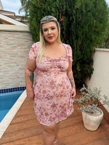 magalhaesca 夏季大尺碼網眼短袖連衣裙，前方空心設計，褶皺裝飾，迷你款式 - 彩色 - 查看 6