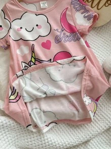 Baby Girl Cute Cartoon Print Short Sleeve Mid-Length Nightgown, Summer - Pink - View 4