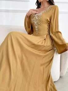 Al Najma 女士 V 领纯色优雅长袖阿拉伯朴素连衣裙 - 薑色 - 查看 5