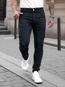 Manfinity Homme Men's Street Style Casual Versatile Distressed Denim Jeans Black Ripped Jeans Men Boyfriend & Husband Stretch Washed Black Slim-Fit For Going Out - Black - View 4