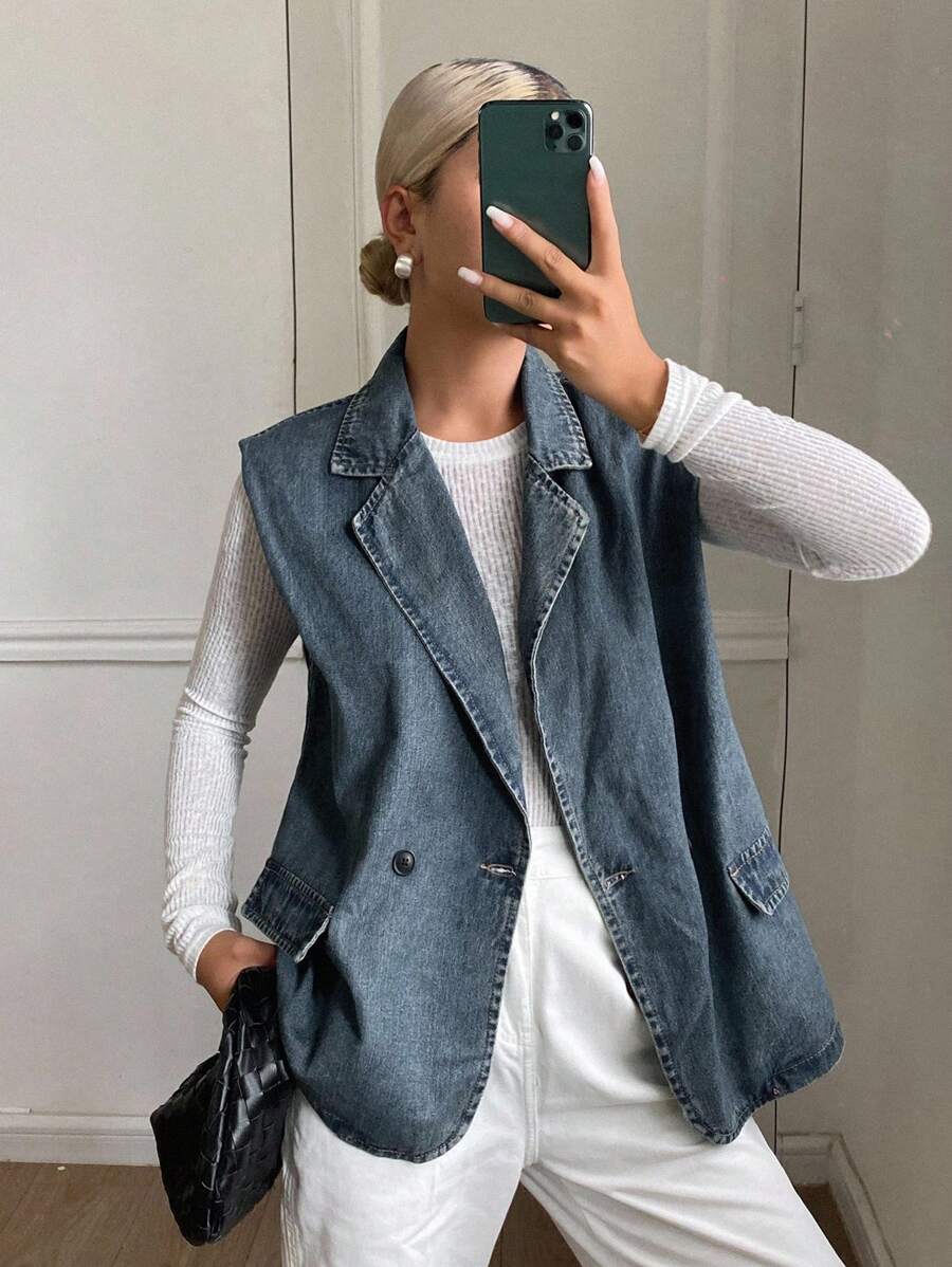 DAZY 女士夏季翻领无袖宽松休闲牛仔夹克和外套 - 中等水洗藍 - 查看 1