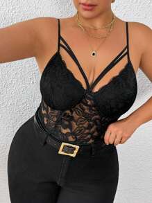 SHEIN PETITE CURVE Plus Size Sexy Contrast Lace Hollow Out Sleeveless Bodysuit, Summer - Black - View 7