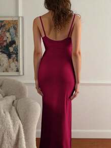 INAWLY Women Solid Color Pleated Sexy Bodycon Maxi Slip Dress