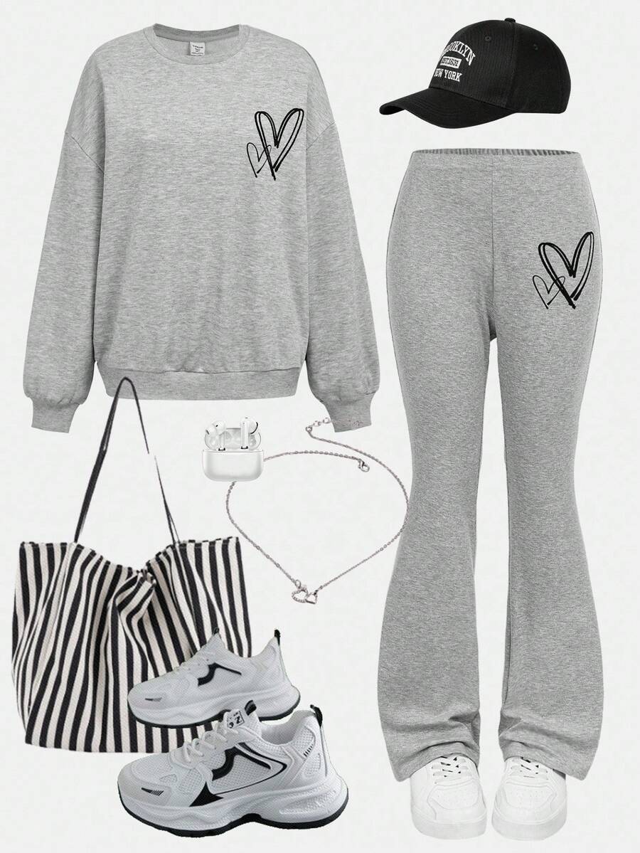 SHEIN Girlism 少女灰色/秋/冬/针织休闲宽松爱心印花卫衣和喇叭裤两件套 - 灰色 - 查看 1