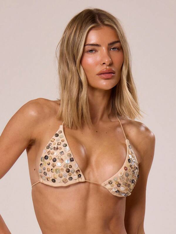 Musera Resort Metallic Pearl Buttons Sparkle Triangle Bikini Top Only Beachwear Ibiza Sexy Elegant Boho Summer Vacation Festival