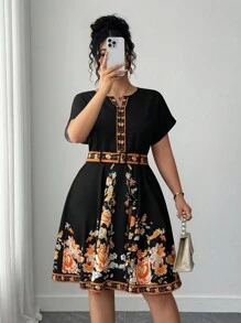 Elenzga 大码女式简约优雅黑色印花连衣裙