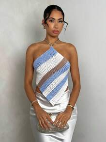 SHEIN PETITE 春夏海滩风格格子条纹露背系带蝴蝶结女士针织毛衣上衣 - 彩色 - 查看 4