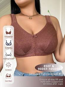 NudeFit 1件大码女士纯色优雅舒适柔软提花蝴蝶结装饰柔软海绵可调节肩带无钢圈文胸 - 棕色 - 查看 5