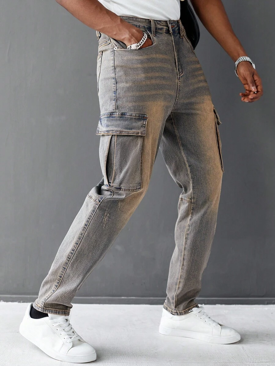 Manfinity Homme Quần Jeans Denim Túi Khóa Thường Ngày Cho Nam - Màu xanh lam - Xem 1