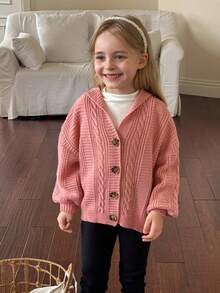 SHEIN Chaqueta de punto con capucha de unicolor informal para niña en otoño/invierno - Rosa - Ver 7