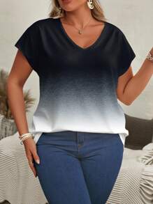 EMERY ROSE Camiseta de manga corta con cuello en V y bloque de color degradado, talla grande, para verano - Multicolor - Ver 4