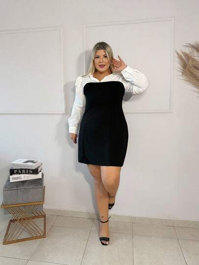 magalhaesca Plus Size Black & White Romantic Elegant Sweet Elegant Contrast Color Puff Sleeve Shirt Dress,Graduation Dress,Corset Dress For Women